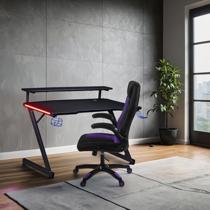 Aon Gaming Desk & Gaming Chair Set – LED Carbon Fiber Desk with Riser Shelf and Ergonomic Racing-Style Gaming Chair, Black/Purple