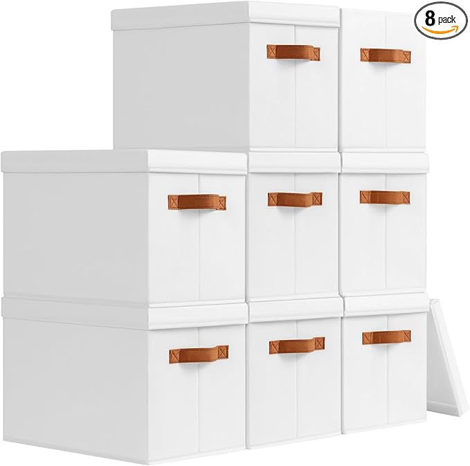 Homsorout Storage Bins with Lids - Fabric Storage Baskets for Shelves, 8 Pack Foldable Decorative Boxes with Handles, Stackable Organizer Bins for Home, Nursery, Dorm, White