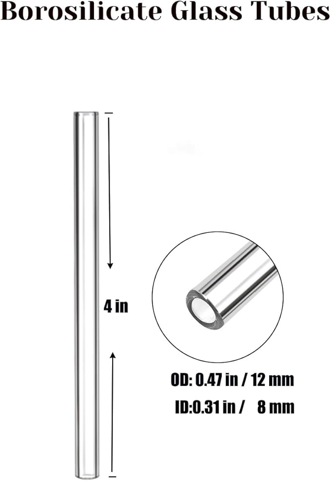 10Pack Borosilicate Glass Tubes Kit - 12mm OD 4 inch Long 2mm Thick Wall Premium Transparent Tubing for Glass blowing, Crafting, Chemistry & Art Projects with 2 Cleaning Brushes