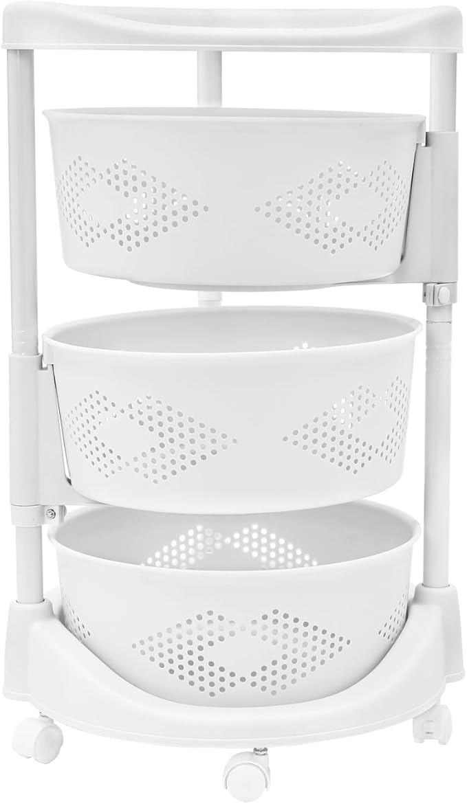 Fruit Basket for Kitchen, 5 Tier Circular Rotating Basket Large Storage Rack with Wheels, Standing Shelf Storage, Multi-Layer Storage Shelves with Top Lid for Living Room, Office, White (3-Tier)