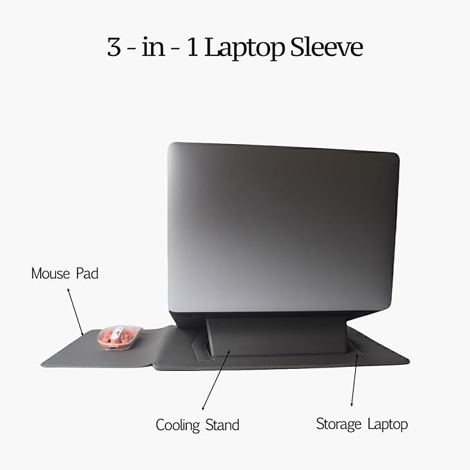 4-in-1 Laptop Sleeve with Stand and Mouse Pad, Faux Leather Protective Case with Accessory Pouch for 13.3-14 Inch Laptops, Grey