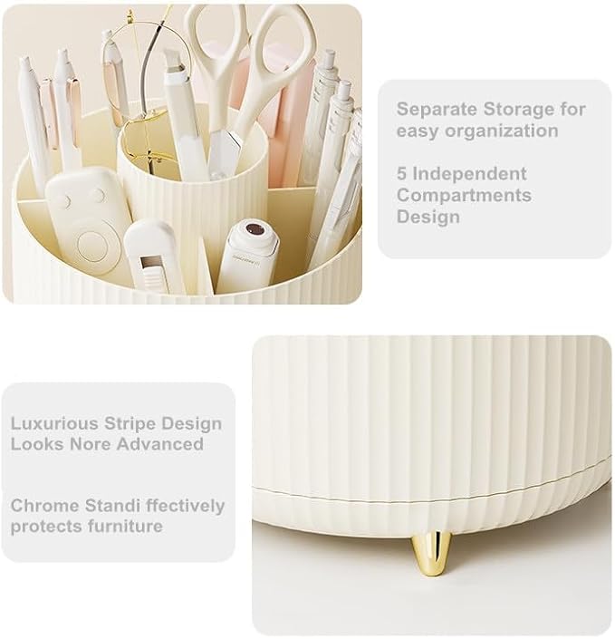 Desk Pencil Pen Holder 5 Slots 360°Degree Rotating Pen Organizers for Desk Desktop Storage Stationery Supplies Organizer Cute Cup Pot Kids Desk Organizer for Office Home School（Cream2）