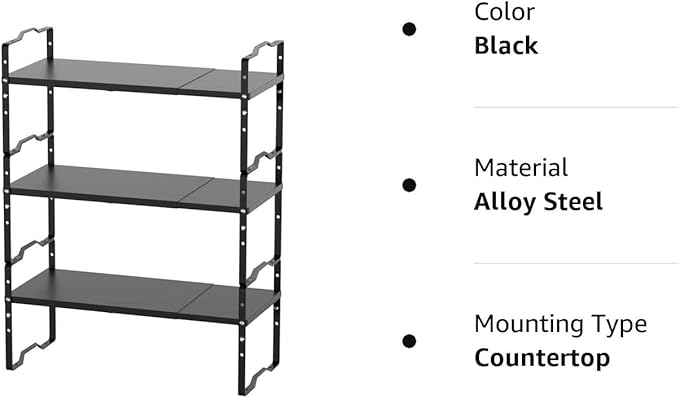 Jojocross Expandable Shelf for Cabinet Organizer Adjustable and Stackable Spice Rack at Kitchen and Bathroom More, Counter Countertop Cupboard Organization Pantry Storage(LARGE/3PACKS/BLACK)