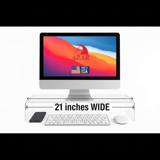 Azar 515360 Acrylic Monitor Stand Riser – Made in USA Laptop stand and Monitor Riser Acrylic Monitor Stand Riser Clear Laptop Stand for Desk Ergonomic Display Riser, Clear (21-Inch-Luxury Handcrafted)
