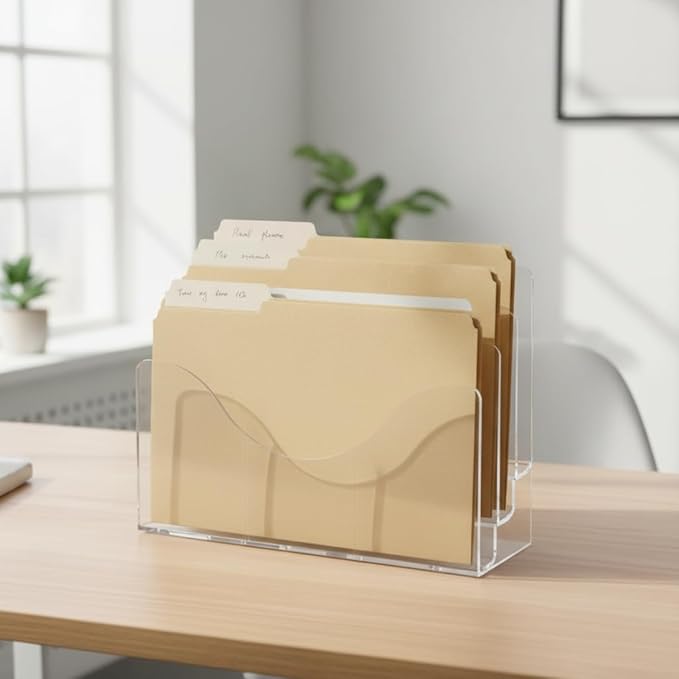 Azar Displays 250099 Three Tier File and Brochure Desktop Wall Organizer Holder with Dividers, Brochure Display Stand, Acrylic File Holder, Clear, 8.5" x 11"