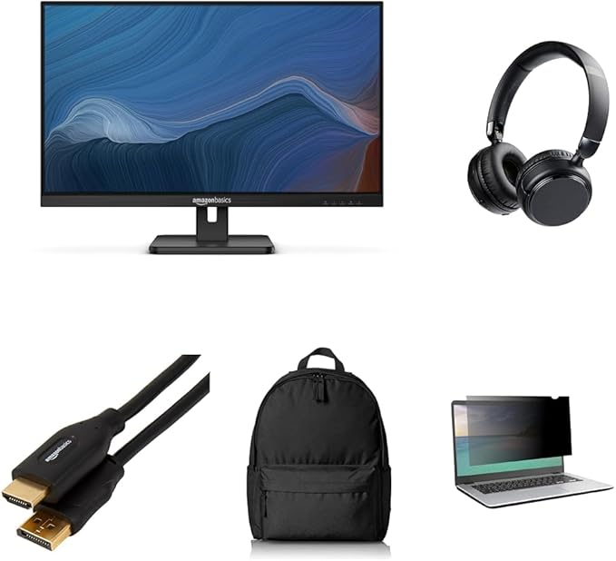 Amazon Basics Return to Office Tech Bundle – Monitor 27in, Privacy Screen Cover 14in, Bluetooth Headphones, Wireless Keyboard & Mouse, Backpack, Surge Protector Power Strip, Ethernet Patch Cable