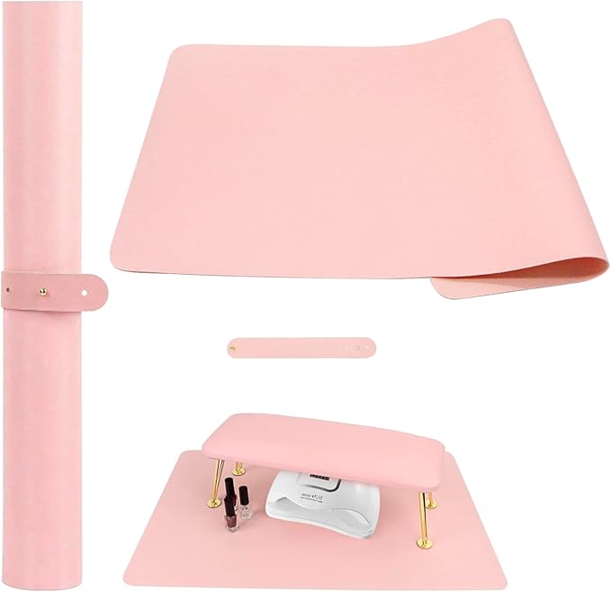 Foldable Nail Mat for Table, Waterproof PU Leather Manicure Pad, Non-Slip Desk Protector for Nail Tech & Salon, Portable Easy Clean Large 60x30cm Nail Art Station Mat (Pink)