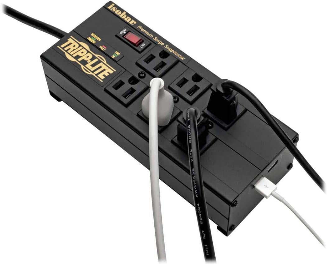 Isobar 6 Outlet Surge Protector Power Strip with 2 USB Charging Ports,10Ft Long Cord, Right-Angle Plug, Metal, 3840 Joules,Lifetime Limited Warranty & $50K Insurance (Ibar6Ultrausbb)Black