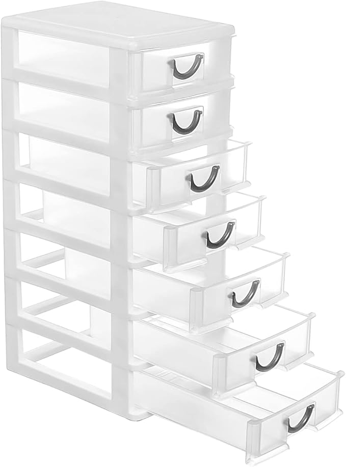 Rempry 7.1"x5.1"x13.2" Mini Organizer Box Storage Container Case with 7 Clear Desktop Drawer Units,White