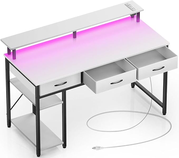 Rolanstar Computer Desk with Power Outlets & LED Light, 47 inch Home Office Desk with Drawers and Storage Shelves, Writing Desk with Monitor Stand, Modern Work Study Desk for Home Office, White