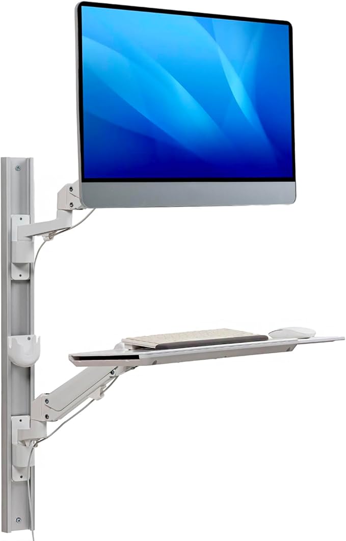Computer Monitor Arms,White Metal Healthcare Wall Mounting Arm Monitor Stand with Articulating Arm, Keyboard Tray Extension and Mouse Holder for Medical or Dental Clinics, Fits up to 43" Monitor