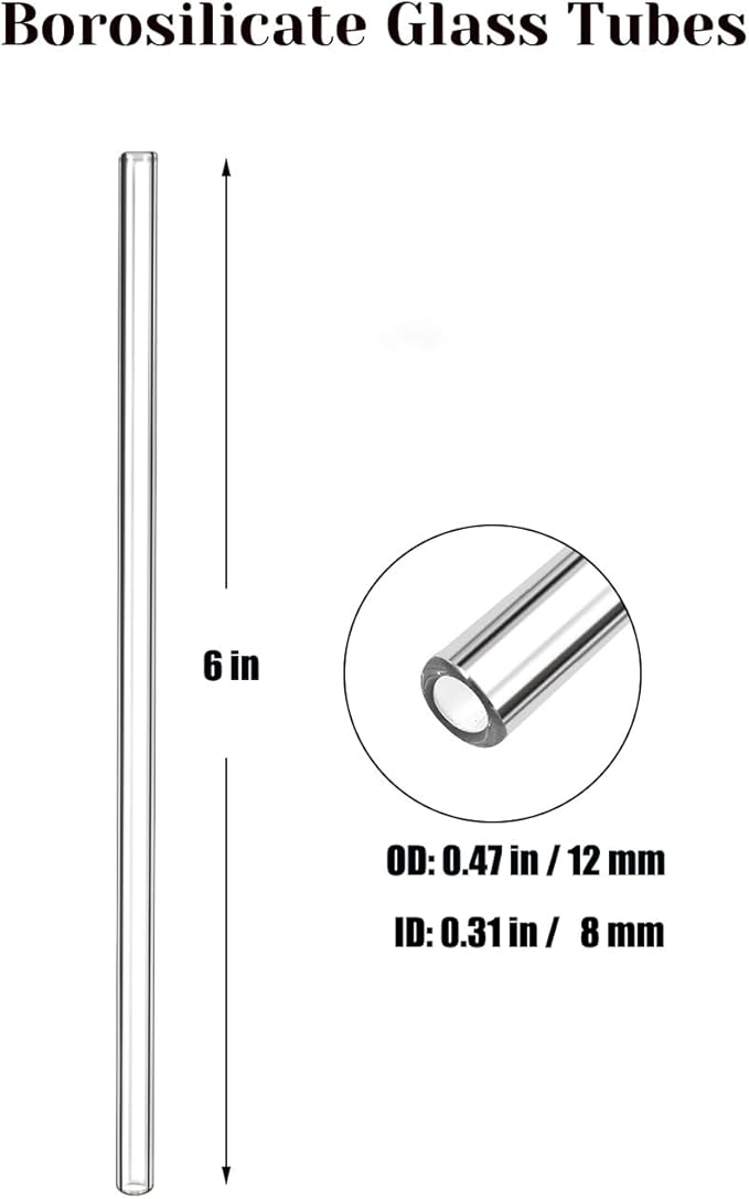 6-Inch Borosilicate Glass Tube, 12mm OD x 2mm Thick, Clear Glass Tubes for Lab, DIY, Art, Science Experiments, 8-Pack with 2 Brushes, Heat-Resistant, Safe for Glass Blowing, Crafting