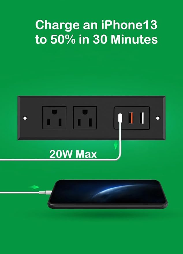 Recessed Power Strip - Set of 2,20W Fast Charging USB C Port and 18W USB-A Ports.Flush Mount Desk Outlet,Furniture Hidden Charging Station for End Table,Flat Plug,6.5 ft Extension Cord,Black