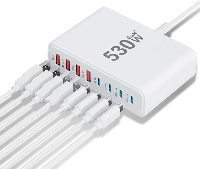 USB C Charger 530W USB C Charger Block,Upgraded GaN IV 10-Port Charging Station Hub,Travel Essentials 140W Fast Charging Laptop Adapter for MacBook Pro/Air,DELL,Steam Deck,iPhone 17/16,Galaxy S25/24