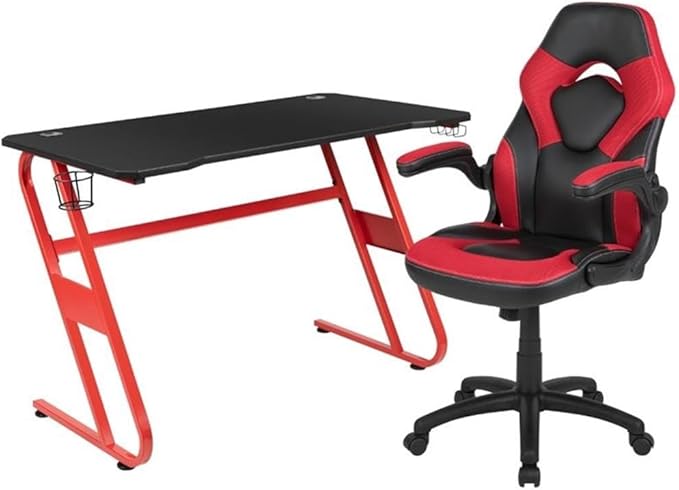 BOWERY HILL 2 Piece Gaming Desk Set, Black Laminate Top, Red Z-Frame, Includes Ergonomic High Back Chair with Flip-Up Arms, Cable Management, Cup Holder, and Headset Hook, Contemporary Style