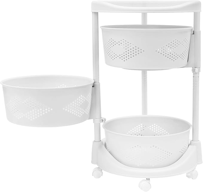 Fruit Basket for Kitchen, 5 Tier Circular Rotating Basket Large Storage Rack with Wheels, Standing Shelf Storage, Multi-Layer Storage Shelves with Top Lid for Living Room, Office, White (3-Tier)