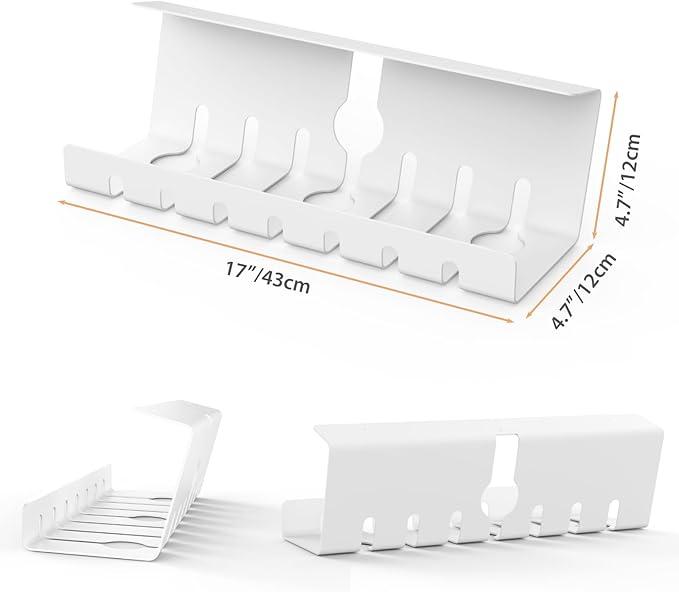 Syeeiex Cable Management with No-Drill C-Clamp & Screw Mount, 17'' Metal Under Desk Cord Organizer, Under Desk Cable Management Tray for Office/Home workspace (White, Set of 2)