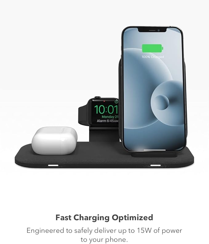 mophie Wireless Charging Stand+ Wireless Charging Stand and pad with USB-A Port. for AirPods, Apple Watch, iPhone, Samsung Galaxy, Qi-Enabled Devices
