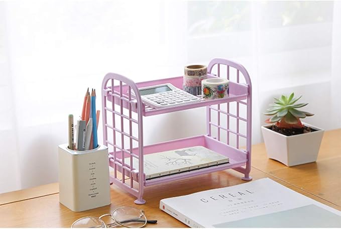 UnnFiko 2-Layers Table Shelf Organizer, Adjustable Plastic Storage Rack Shelf Square Basket Desk Stand Table Storage Organizer Shelves (Purple)