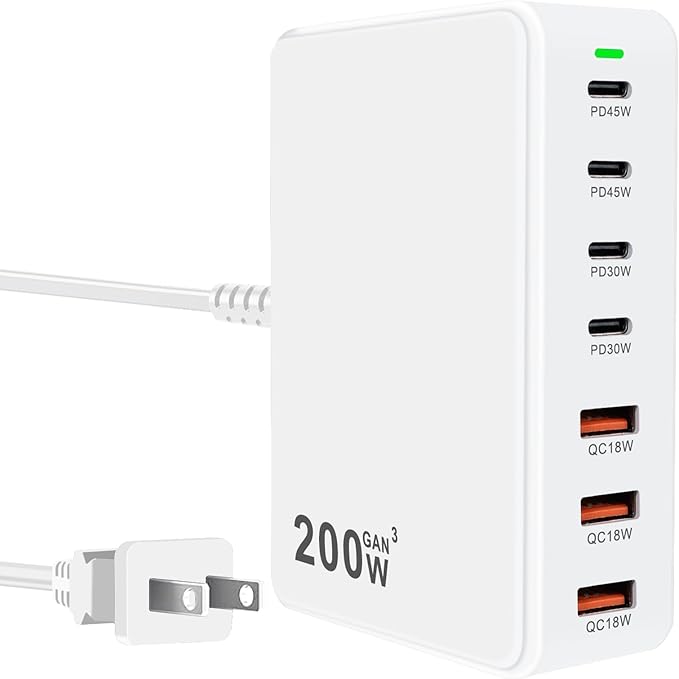 USB C Charger Station 200W 7 Port GaN Fast Charging Block, Multiport PD QC3.0 Brick Hub Compatible with Laptop MacBook Pro/Air, iPad, iPhone 17/16/15, Galaxy S23/22, DELL, Steam Deck(White)