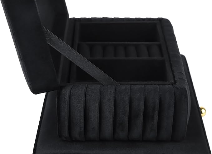 HofferRuffer Velvet Decorative Boxes, Jewelry Boxes Storage Accessory Organizer Boxes with Elegant Handle Decor, Classic Velvet Set of 2 Pieces (Black Velvet)