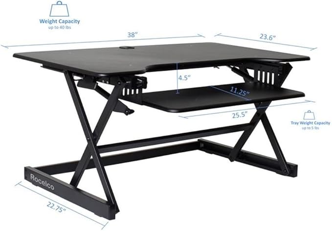 Rocelco 38" Large Height Adjustable Standing Desk Converter - Quick Sit Stand Up Dual Monitor Riser - Gas Spring Assist Tabletop Computer Workstation - Retractable Keyboard Tray - Black (R DADRB-38)