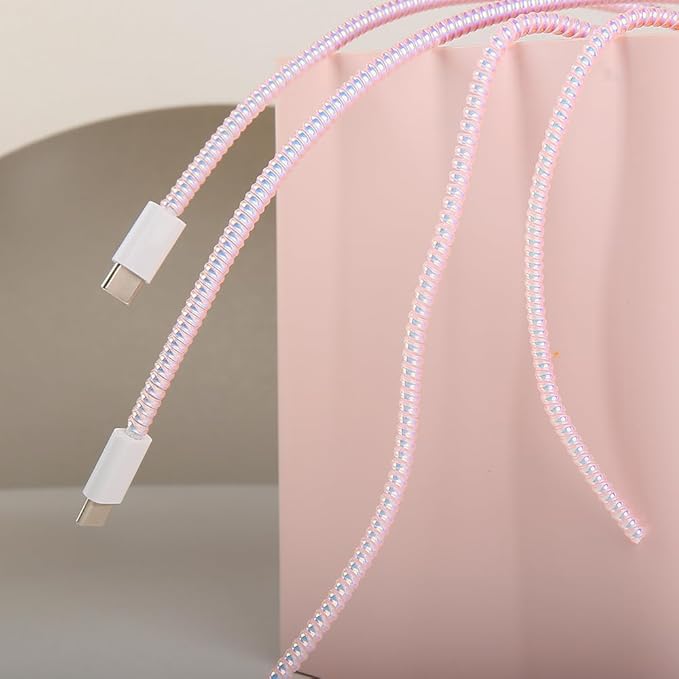4pcs 1.6M(5.25FT) Spiral Cable Protector, Multicolor Suitable for Most Phone/Pad/Laptop USB Wire Cord Savers Protection Cover Anti-Break Wrap Charger Data Line Cables Sleeves, Laser Pink