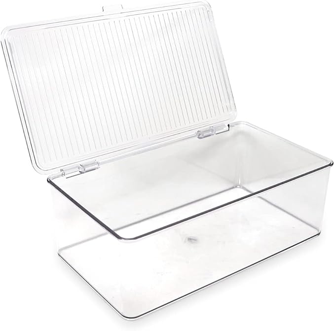 Isaac Jacobs Medium Stackable Organizer Bin (10.75”x6.5”x3.7”) w/ Hinged Lid, Clear Storage Box, Home, Office, School, Fridge, Bathroom, Kitchen, Pantry Container, BPA-Free, Food Safe (Medium, Clear)