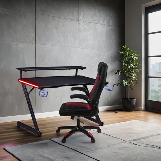 Aon Gaming Desk & Gaming Chair Set – LED Carbon Fiber Desk with Riser Shelf and Ergonomic Racing-Style Gaming Chair, Black/Red