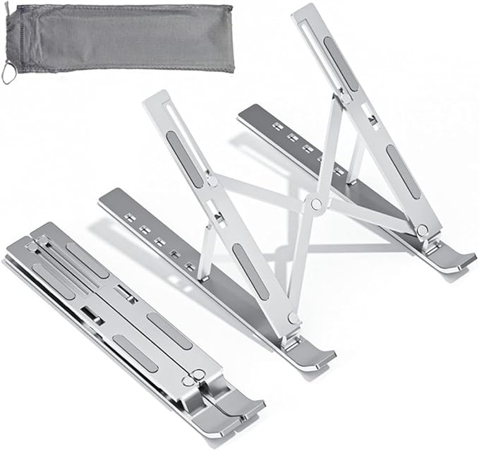 Desktop Laptop Stand, iPad Stand, Aluminum Alloy, Portable Foldable, 7 Level Adjustable, Ergonomic, Suitable for Laptops Up to 18 Inches, Easily Put it in Bag and use it Anywhere (1, Silver)