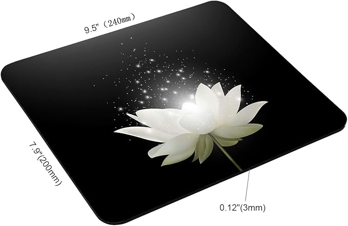 Floral Mouse Pad, Magic White Lotus Flower on Black Background Customized Non-Slip Rubber Base Mousepads, Computer Mouse Pads for Wireless Mouse 9.5×7.9×0.12 inches