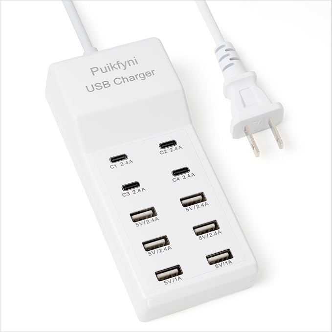 USB Charger Station with 4 Type-C and 6 Type-A Ports, Rapid Charging Auto Detect Technology Safety Guaranteed, 50W 10A USB Charger Block for Smart Phone, Tablet, Laptop, Multiple Devices
