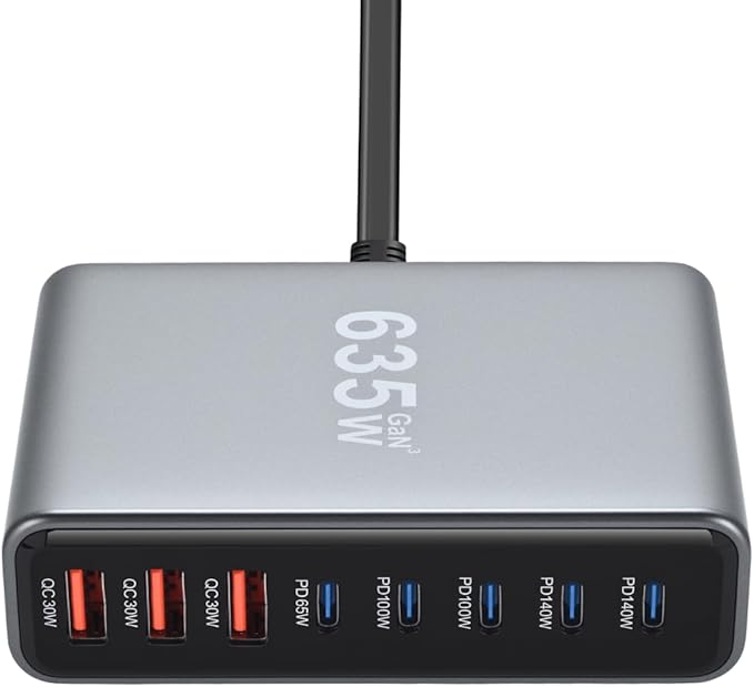 635W GaN Super Fast Charging Station for Multiple Devices, 8-Port USB C Charging Station with PD3.1 140W & QC4.0, 5 USB-C + 3 USB-A Desktop Charger for MacBook, iPhone, iPad, Laptop, Tablet