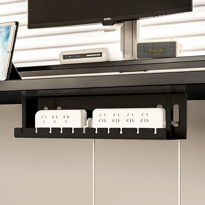 Under Desk Cable Management 16'' Tray Wires Organizer Power Strip Management No Drill Under Table Organizer for Cable Storage Holder (BLACK-50CM)