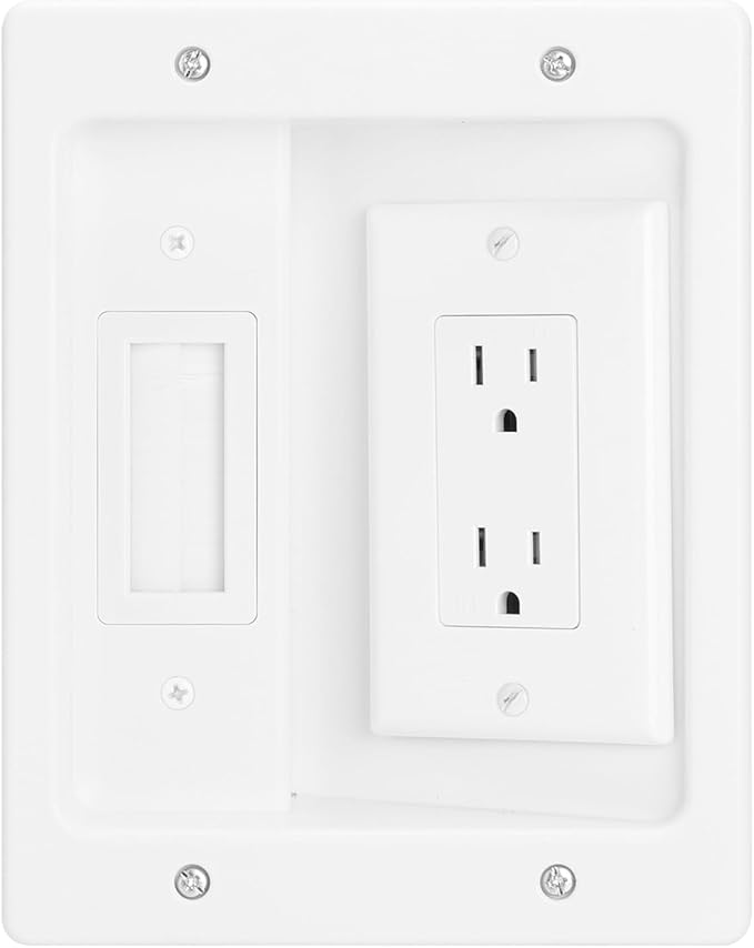 Wall Cable Concealer Kit, in Wall Cable Management Kit for TV,Recessed Outlet with Outlet Box and Brush Wall Plate,Integrated Solution for Orderly Management of Cables in the Living Room,White