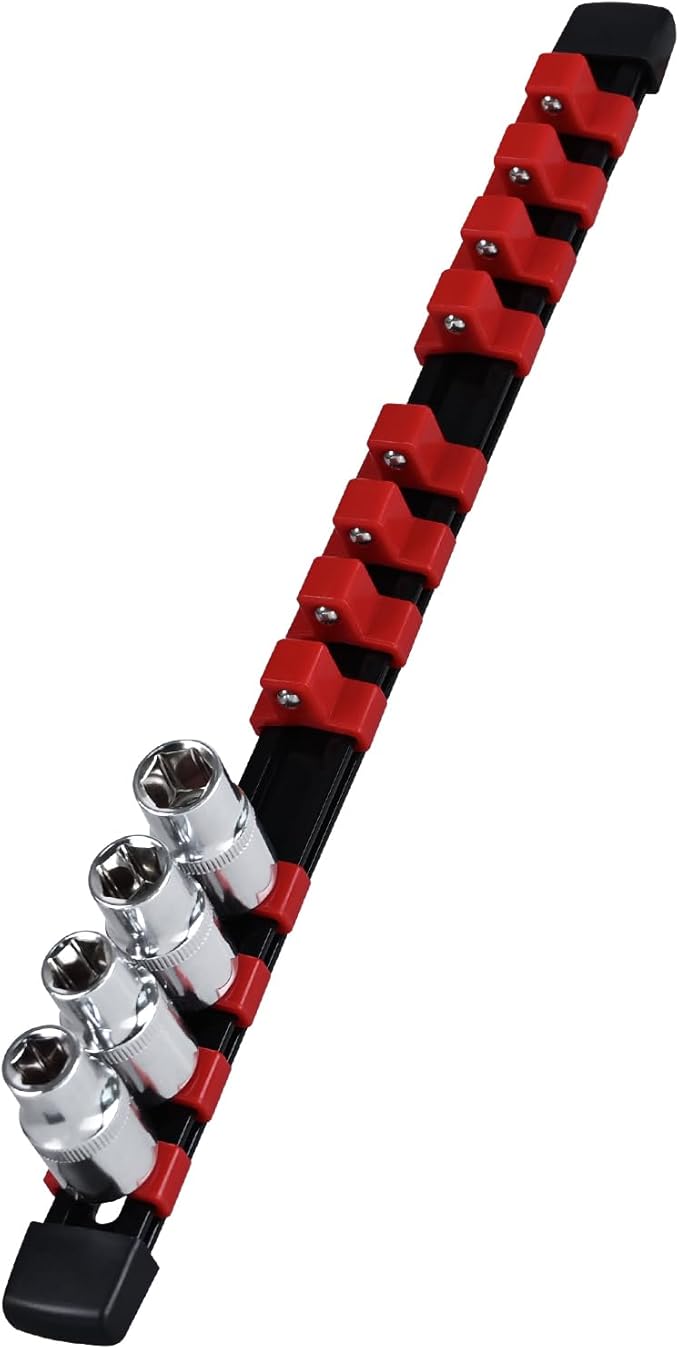 Heavy Duty Socket Holder Kit ABS, 1/2-Inch Drive Socket Rail x 12 Clips Red