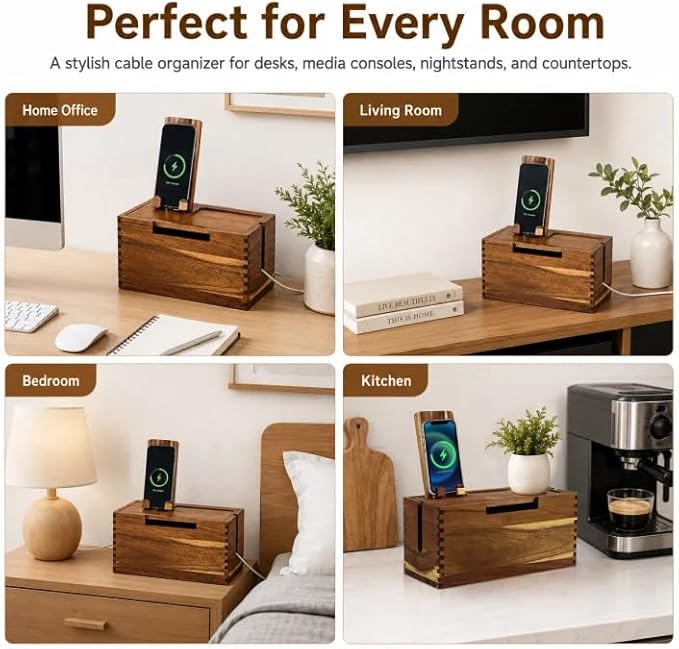 Wooden Cable Management Box with Detachable Phone Stand, Cord Organizer Box for Power Strip & Charger, Ventilated Wire Storage Box with Storage Tray for Desk, Nightstand & Home Office (Brown)