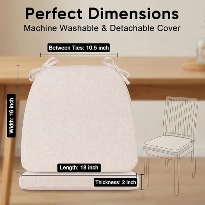 Chair Cushions Set of 2, D-Shaped Seat Cushion for Chair, Non Slip Chair Pads with Ties, 18" x 16" x 2", 40D Foam, Removable Washable Cover, Seat Cushions for Kitchen Chairs, Beige