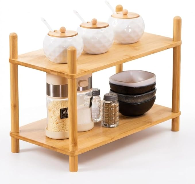Expandable Bamboo Desktop Organizer Shelf Kitchen Cabinet and Counter Riser Display Shelf for Top of Desk Home Office Bathroom Coffee Table Display Stand (Natural, 2-Tier S)