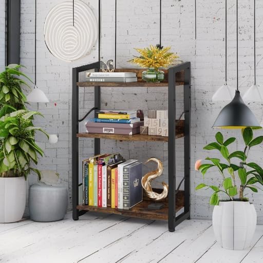 Hosfais Book Shelf Small Bookshelf: 3-Tier Wood Bookcase Industrial Bookshelf with Edge Protection Metal Narrow Bookcase Storage Organizer Display Rack for Bedroom Home Office (Rustic Brown)