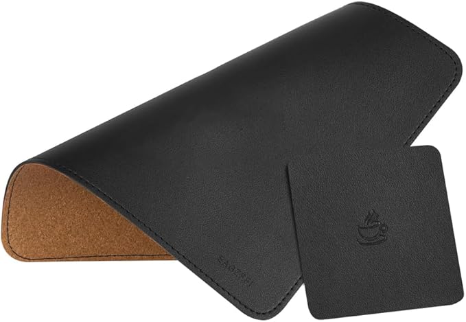 Double-Sided PU Leather & Cork Mouse Pad with Coaster – Reversible, Non-Slip, Stitched Edges for Office & Home, 8x11 Inches,(Black)
