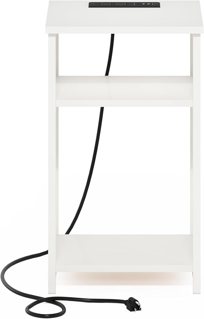 Furinno Moretti Side Table, 3-Tier Modern End Table with Charging Station, Metal Frame Night Stand, Bedside Table with USB and Type-C Port, for Living Room, Bedroom, White