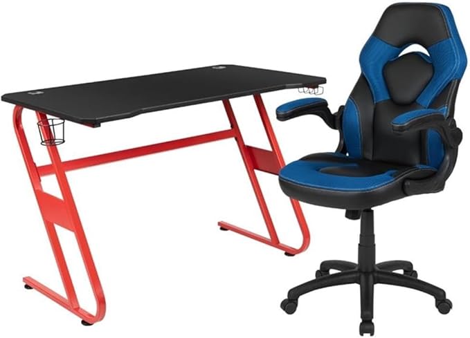 Bowery Hill 2 Piece Z-Frame Gaming Desk Set, 51.5 in Desk with Cable Management, Black Laminate Top, Red Powder-Coated Frame, Ergonomic Gaming Chair, Blue Mesh Inserts, for Home Office or Gaming Setup