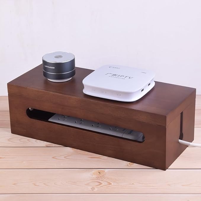 Solid Wood Cable Management Box, Cord Organizer & Power Strip Hider, Decorative Wire Storage Box for Home Office, TV, Desk, Router – Handcrafted Cord Concealer for Tidy Space