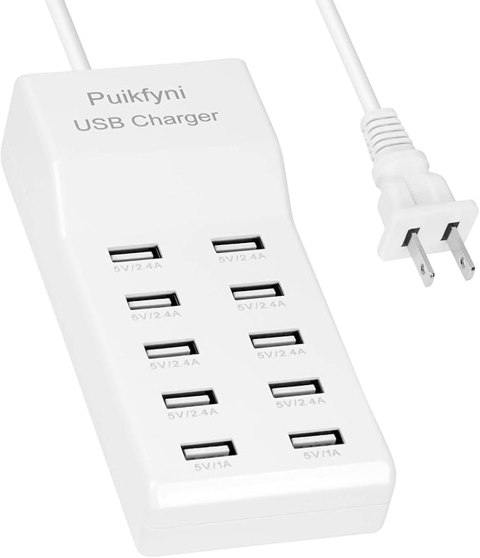 Puikfni 10-Port USB Charger Station with Rapid Charging Auto Detect Technology Safety Guaranteed, 10-Type A Ports Smart for Multiple Devices Phone Tablet Laptop Computer (White)