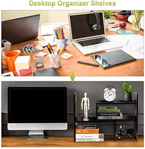 MMdipon Small Wood Adjustable Desktop Bookshelf, Expandable Storage Rack, Display Shelf, Office Supplies Organizer (Black)