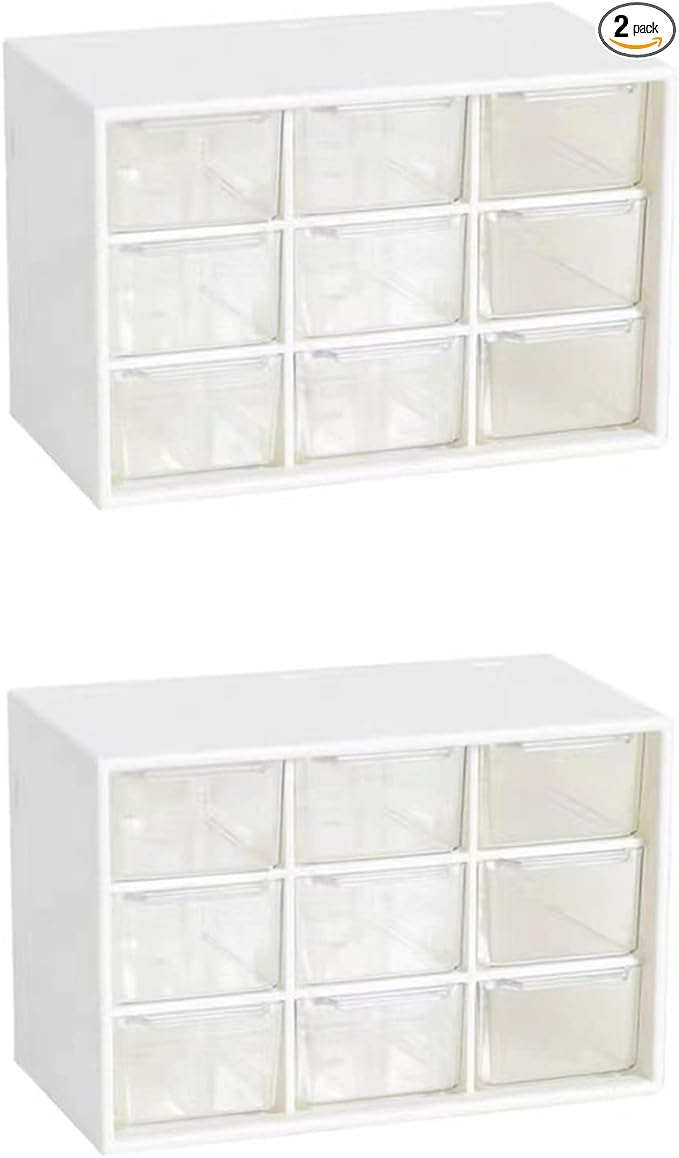 Feadily 2PCS Small Drawer Organizer for Desk, Desktop Drawer Organizer with 9 Clear Drawers, Plastic Desktop Storage Drawers 7.1 Inch x 3 .9 Inch x 4.7 Inch, White