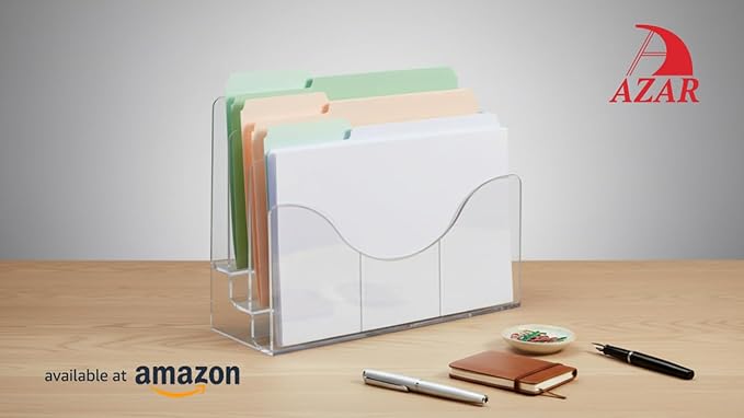 Azar Displays 250099 Three Tier File and Brochure Desktop Wall Organizer Holder with Dividers, Brochure Display Stand, Acrylic File Holder, Clear, 8.5" x 11"