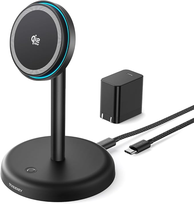THREEKEY for Qi2 Certified 25W Magsafe Charging Stand with Cooling Fan & LED Light, Fast Wireless Charger Station for iPhone 17-12 Series/Galaxy S26-S25【Included 35W Adapter &5ft Cable】