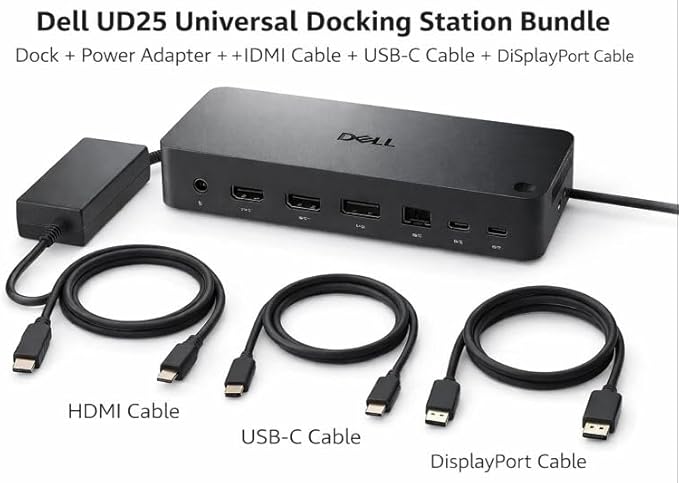 Dell Pro Dock WD25 Universal Docking Station Bundle — USB-C/USB-A Dual Display Dock with 100W Adapter + HDMI Cable + USB-C Cable + DisplayPort Cable + Cleaning Cloth